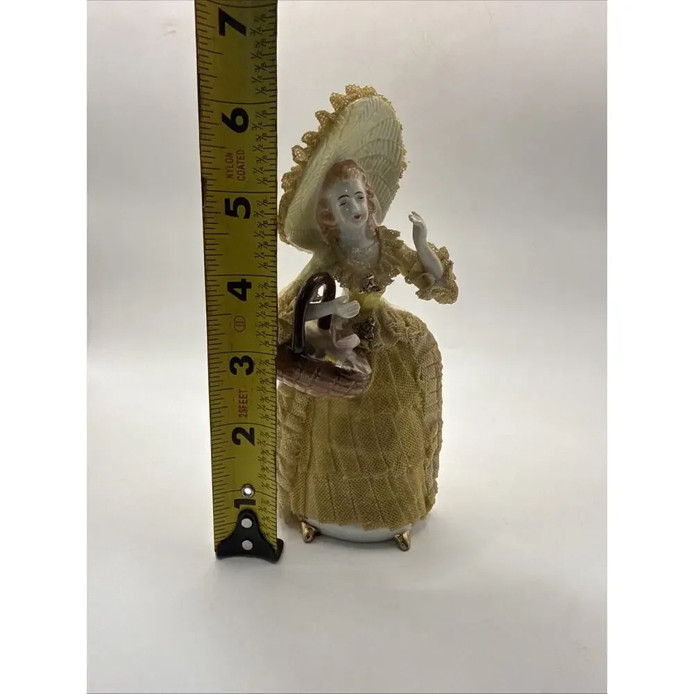 Vintage Porcelain Lace Lady Figurine 6” Victorian Woman Yellow Dress Bonnet *